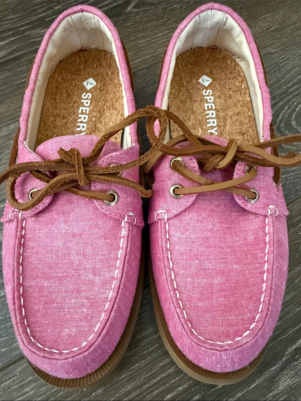 Sperry Pink Canvas Boat Loafers with Brown Laces